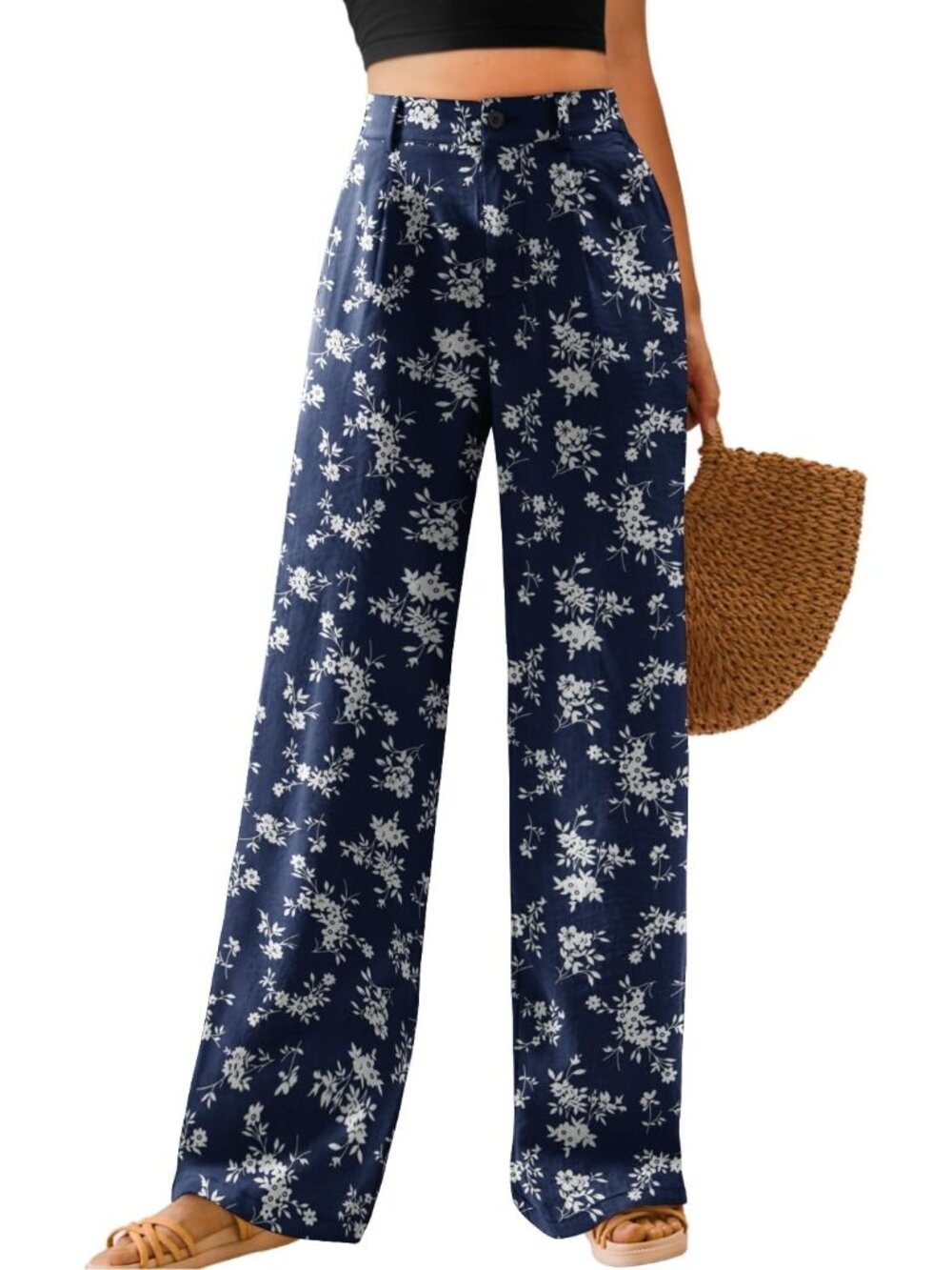 Women's Blue Little Flower High Waisted Button Down Long Casual Wide Leg Pants